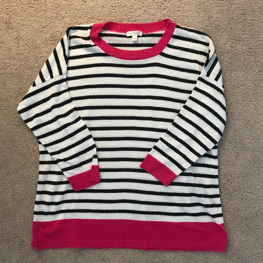 Black & white striped sweater with pink accents